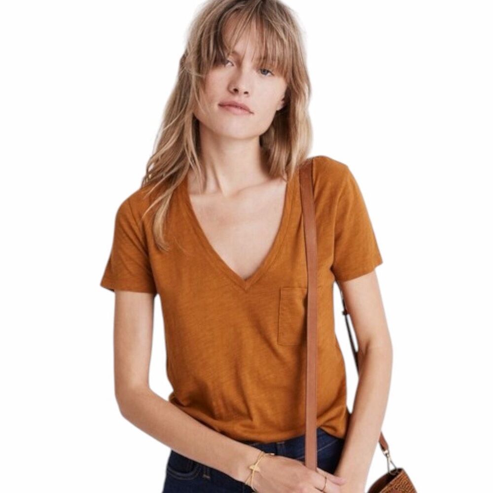 MADEWELL Women’s Pecan Brown Short Sleeve Whisper Cotton V-Neck Pocket Tee Small